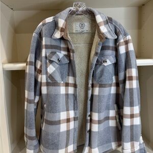 Sage Gray and Brown Plaid Sherpa-Lined Jean Jacket